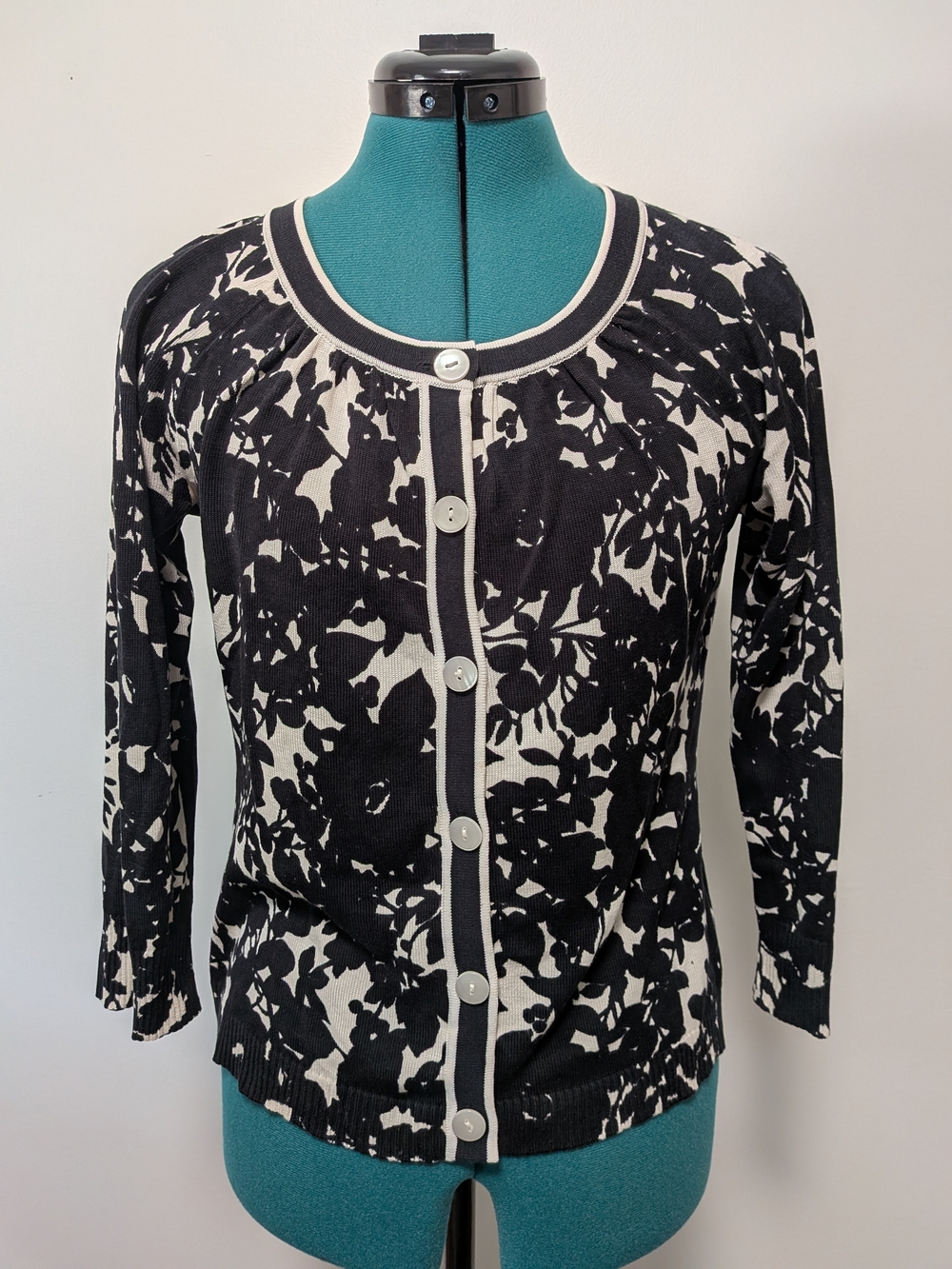 LOFT Black and Cream Floral Button-Front Cardigan